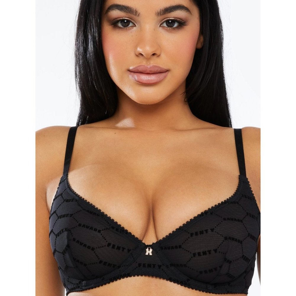Savage X Fenty Flocked Logo Unlined Demi Bra - Black Caviar NEW WITH TAGS